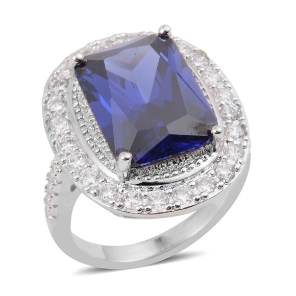Simulated Tanzanite and White Diamond Emerald Cut Princess Ring - Picture 1 of 3
